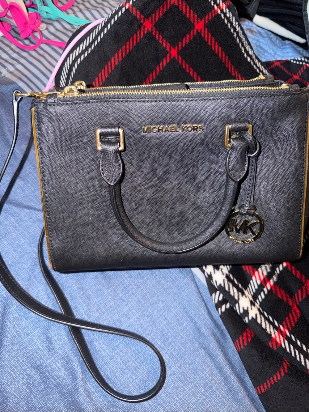 Michael Kors Black Saffiano Crossbody Satchel with Gold Hardware